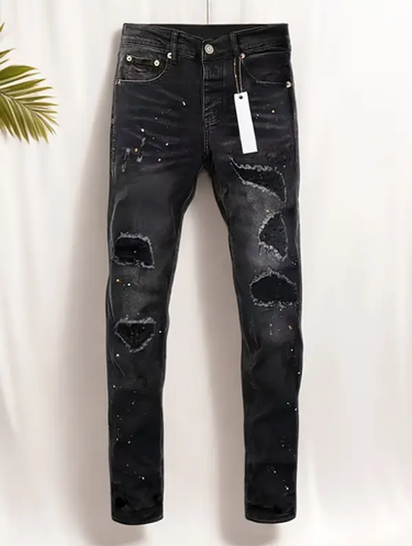 H094 Men Y2K Streetwear Paint Splatter Black Patch Slim Jeans