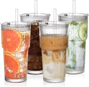 19oz Ribbed Glass Tumblers with Lids & Straws – Set of 4 Thick Glass Cups for Iced Coffee, Smoothies, Juice & Cocktails Bottled Stylish Drinkware Reusable