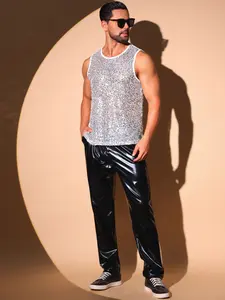 INSPIRE CHIC Glitter Sequins Tank Top for Men's Sheer Mesh Round Neck Sleeveless Metallic Vest
