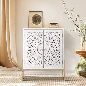 PHI VILLA White & Gold Accent Cabinet, Farmhouse Accent Storage Cabinet with 2 Doors Entryway, Golden Metal Base, Springtok Design
