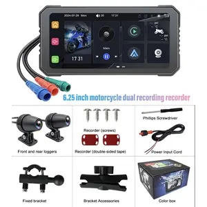 2026 New 6.25 Inch HD Dual Lens Motorcycle Dash Camera, Wireless Carplay, Tire Pressure Monitor, GPS Navigation, Waterproof Screen