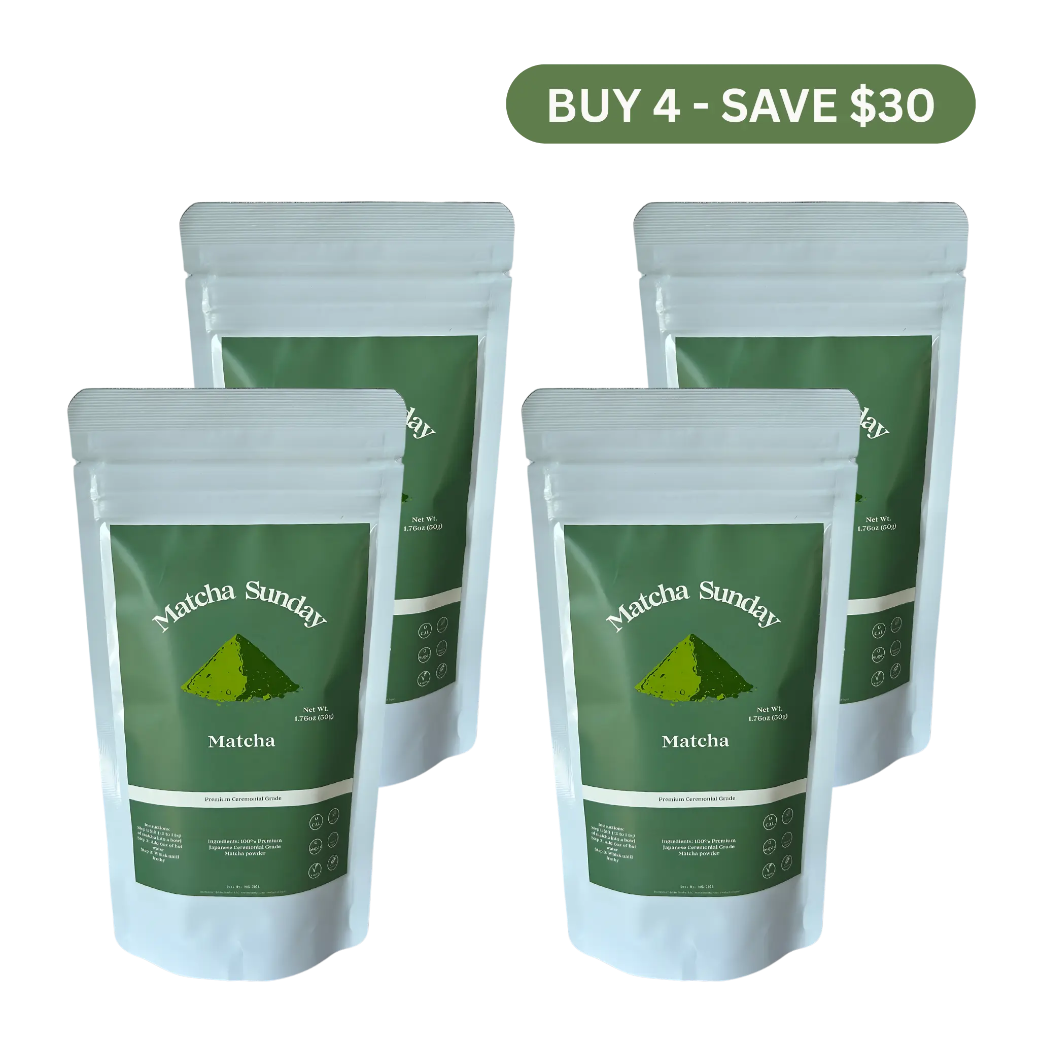 Matcha Sunday Ceremonial Grade Matcha Powder (50g) - Pack of 4 - Traditional Green Tea, Smooth, Vibrant, Savory, Stone Grind
