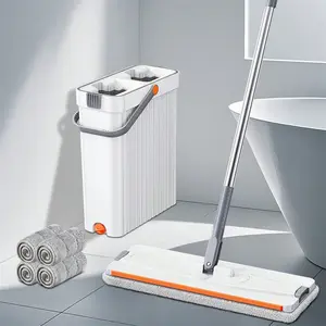 Hands-Free Flat Mop And Bucket Set - Mop And Bucket With Wringer Set With 360° Rotating Mop Head For Effortless, No Dead Corner Floor And Wall Cleaning, Self-Wringing Design, Includes 4 Microfiber Cloths, Perfect For Home, Kitchen, Hardwood Floors