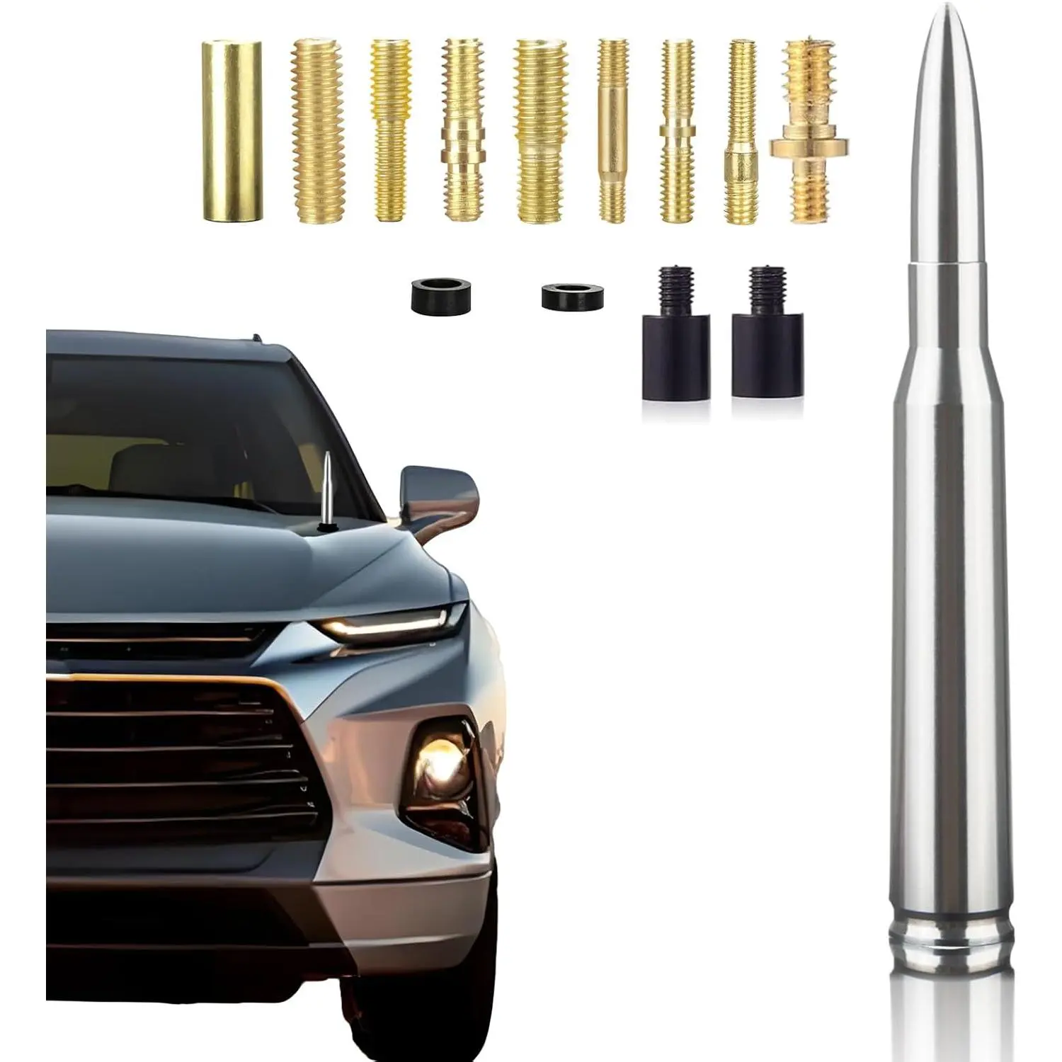 50 Cal Copper Bullet Antenna, Chrome Truck Accessories, Universal Replacement for Chevy Silverado 1500/2500/3500, GMC Sierra 1500, Dodge Ram, Ford F150/F250/F350, Fits Many Trucks