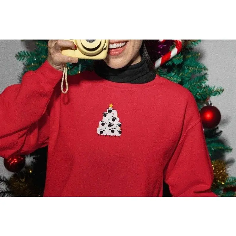 Embroidered Christmas Sheep Tree Crewneck Sweatshirt, Christian Holiday Sheep Shirt, Cozy Christmas Nativity Animal Gift, XMAS Boxing Day