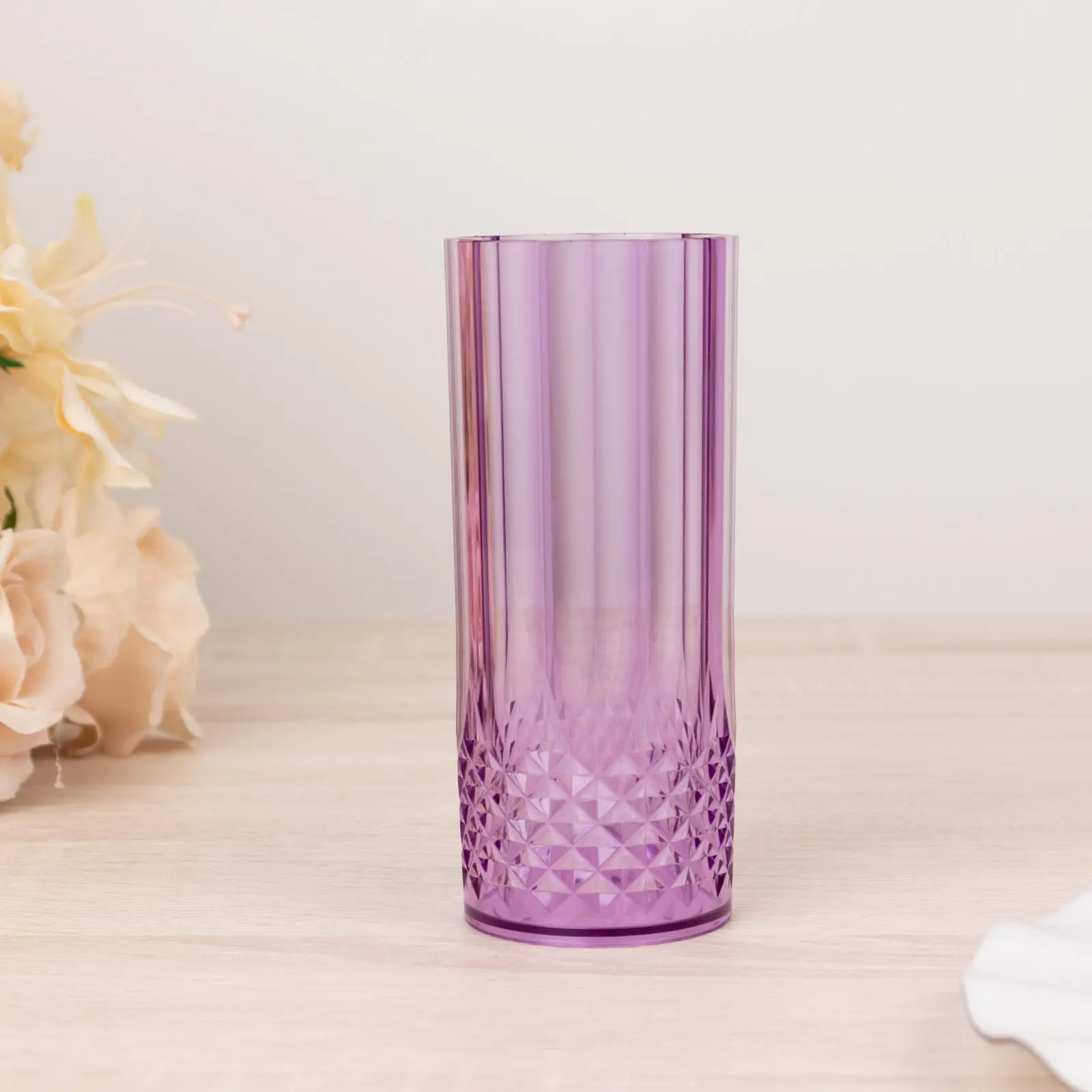 6-Pack Transparent Plastic Highball Drink Glasses 14oz, Crystal Cut Style Purple - Shatterproof Tall Cocktail Tumblers