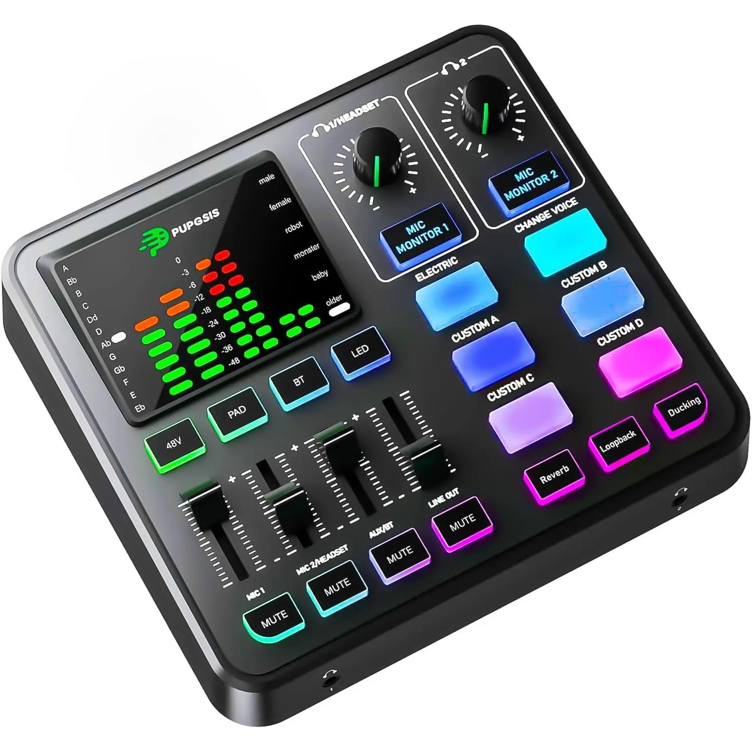 UGSIS Gaming Audio Mixer, Audio Interface for C/odcast/Streaming, Sound Board with 3.5mm/XLR Mic Inut, 48V hantom ower, Voice Changer, Live Sound Card with DJ Mixer Effects//4