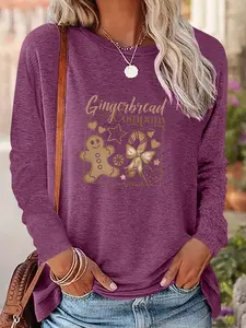 Women's Christmas Gingerbread Man Print Long Sleeve Fitted Casual T-Shirt, Comfortable Fabric, Available in 9 Colors