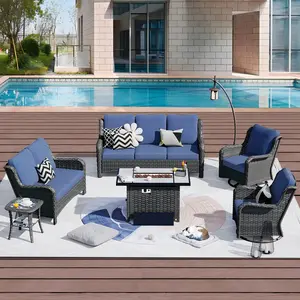 OVIOS Kenard 6-Piece Outdoor Patio Conversation Set with 42'' Propane Fire Pit Table & Rocking Chairs, Wicker Sofa Set with Cushions for Backyard Patio Porch Deck Garden Outdoor Seating Furniture Set