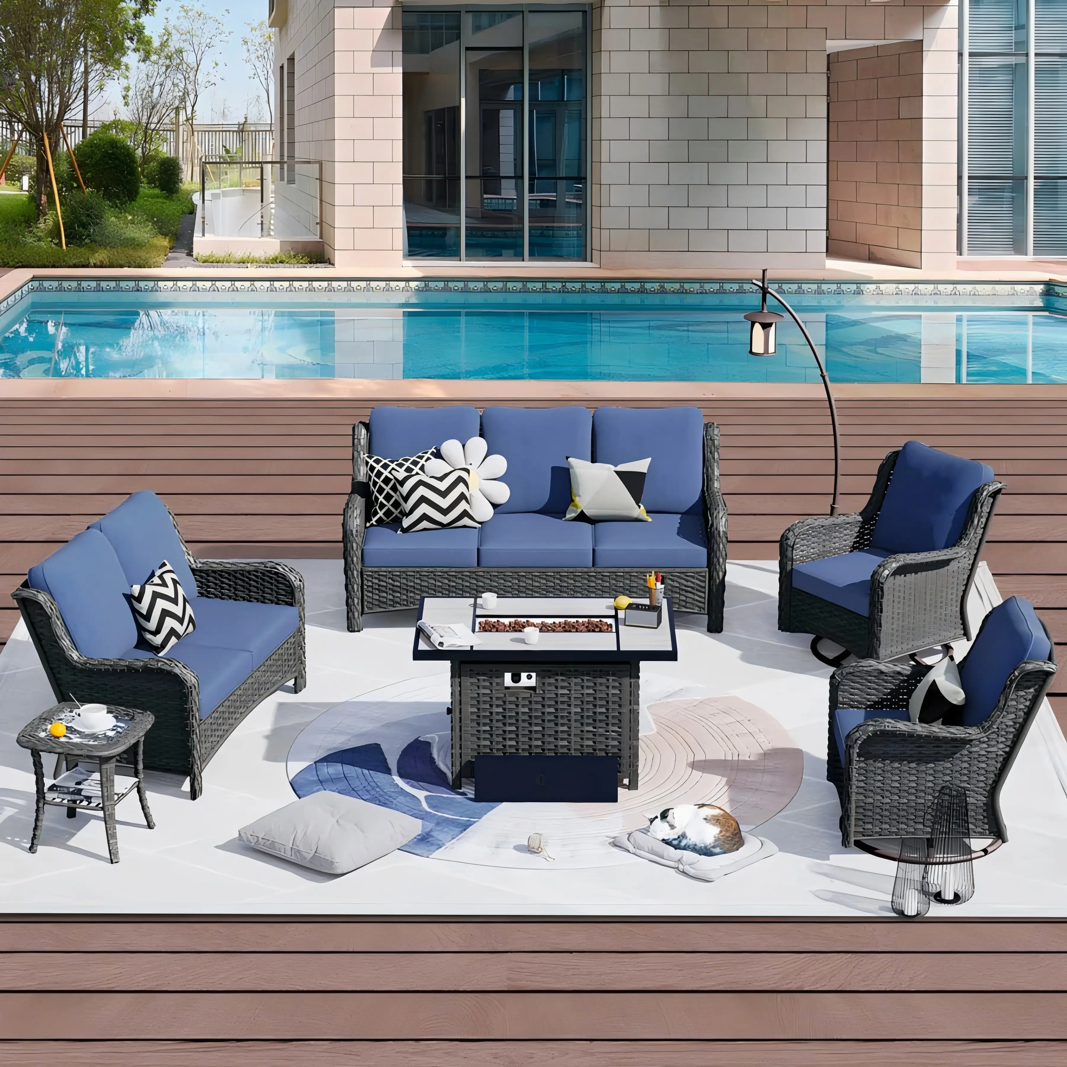 【Summerfinds】OVIOS Kenard 6-Piece Outdoor Patio Conversation Set with 42'' Propane Fire Pit Table & Rocking Chairs, Wicker Sofa Set with Cushions for Backyard Patio Porch Deck Garden Outdoor Seating Furniture Set