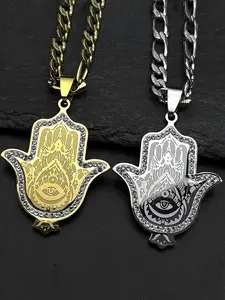 Hamsa Hand Stainless Steel Pendant Necklace Men Gold Color Amulet Hand of Fatima Rhinestones Necklaces Islamic Arabic Exquisite Jewelry Gift
