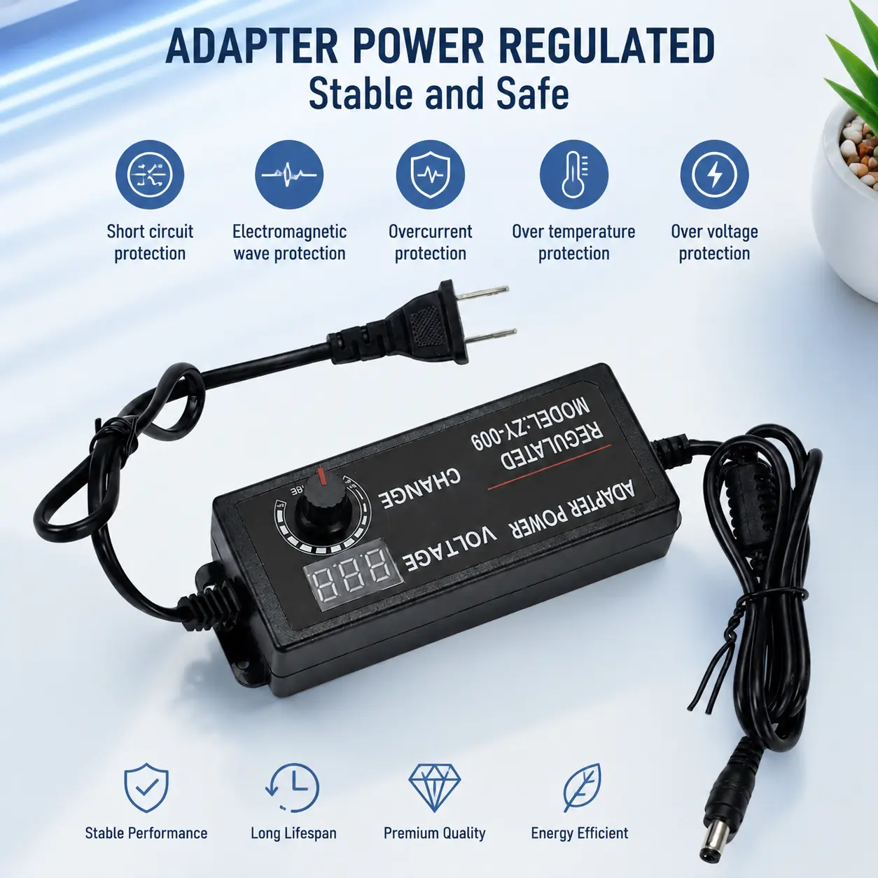 Adjustable 3V-24V 2A DC Power Supply Adapter US Plug, Variable Voltage Regulator with Digital Display Knob for DIY DC Motor Speed Control & Electronic Modification