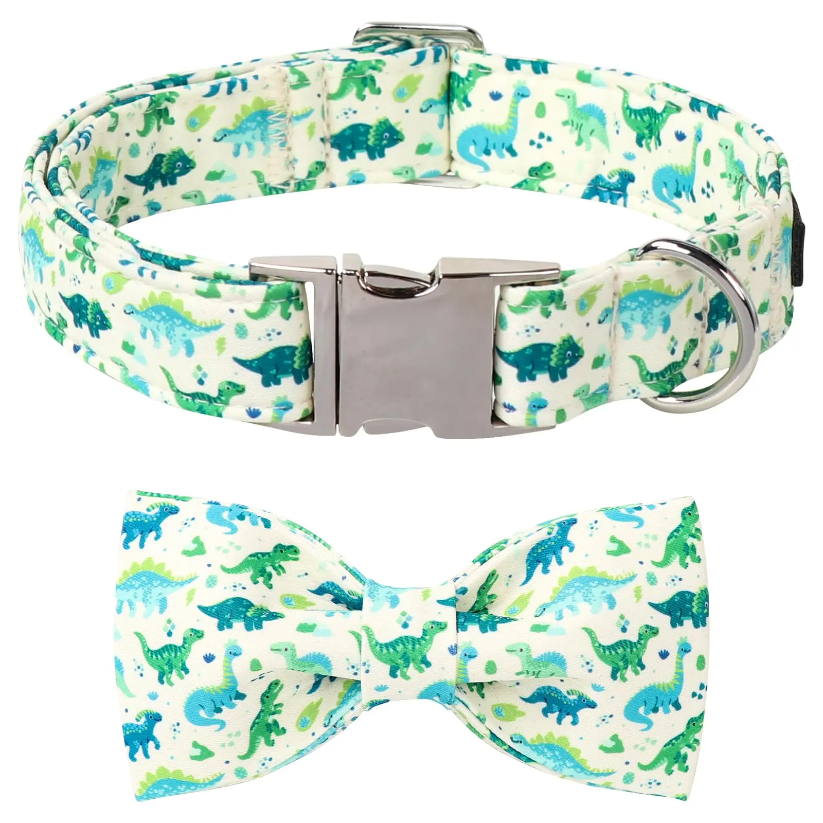 Lionet Paws Green Dinosaur Dog Collar with Bow Tie, Adjustable Dog Accessory with Metal Safety Buckle - Quick Release Collar for Small to Large Dogs