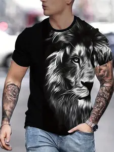 Men's Short Sleeve 3D Lion Pattern T-Shirt, Casual Knitted Polyester Fabric, Round Neck Design, with Details
