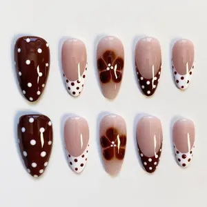 TQ68 Brown Polka Dot Press On Nails – Glossy Nude and Chocolate Tortoise Flower Design, Gift For Her