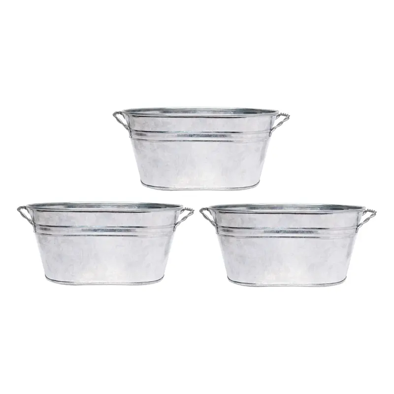 Galvanized Oval Planters - Set of 3 - 8 Long (Handle to Handle) with Durable Galvanized Steel, Rustic Farmhouse Style, Ideal for Indoor & Outdoor Use