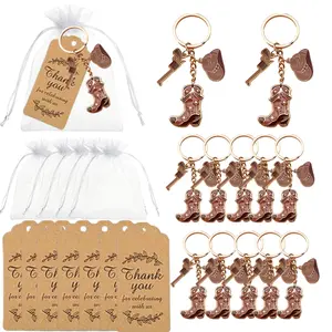 36pcs Western Cowgirl Keychain Set, Denim Style Party Favors with Hats & Boots, Cute Country Star Boot Hat Keychains, Keychain Accessories, Includes 12 Thank Cards