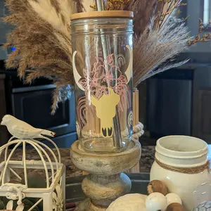 20oz Boho Cow skull with rainbows Mason Jar style Tumbler with Bamboo lid and large barrel stainless steel straw,