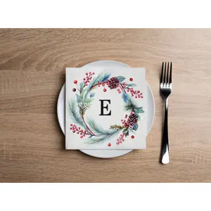Disposable Paper Cocktail Napkin With Christmas Holiday Watercolor Flower Monogram "E" - Pack of 20