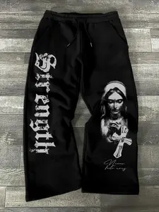 Men's Oversized Gothic Religious Graphic 3/4 Sweatpants - Black Virgin Mary & Cross Print Pants, "Strength" Gothic Lettering Streetwear Bottoms for Dark Aesthetic Enthusiasts