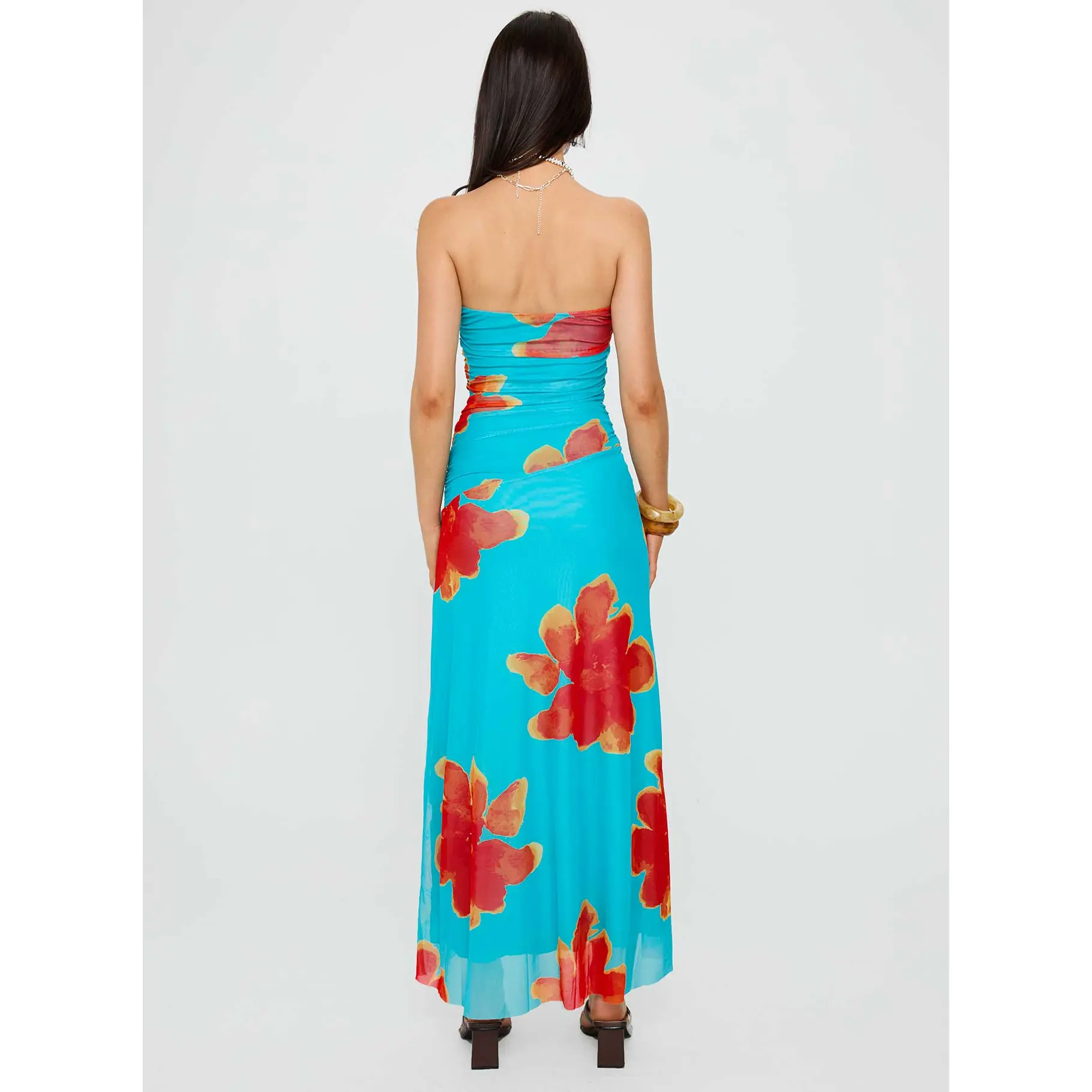 Katara Strapless Maxi Dress Blue / Orange Floral - TikTok Shop