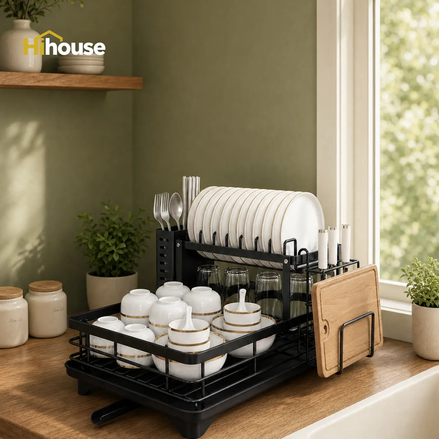 2-Tier Self-Draining Stainless Steel Dish Drying Rack, Heavy-Duty Dish Drainer with 360° Swivel Spout, Space-Saving Countertop Kitchen Organizer for Small Spaces