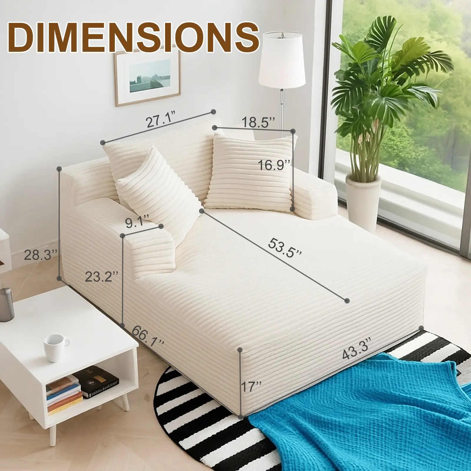 Cream White​ Plush Corduroy Single Seat Chaise