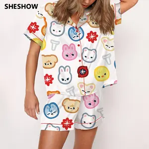 SHESHOW Stray Kid Tour Silky Satin Pajama Set For Women Print Comfy Satin Sleepwear & Loungewear Pjs Printing Silky Top & Bottoms