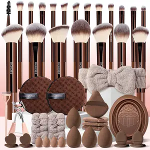 48Pcs Premium Brown Cosmetic Makeup Brush & Tool Kit, Complete Professional Set with Foundation Brushes, Makeup Sponges, Makeup Puffs, Eye Makeup Tools, Cleaning Sponge, Headband & Wristbands, Perfect Gift for Lovers and Moms