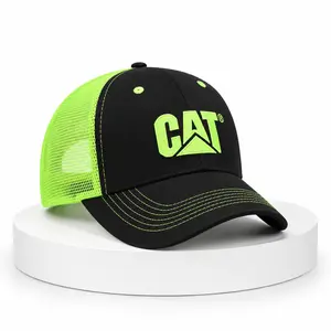 Workwear Trucker Hat, black front with neon green mesh. Embroidered logo baseball cap, durable breathable headwear for daily use