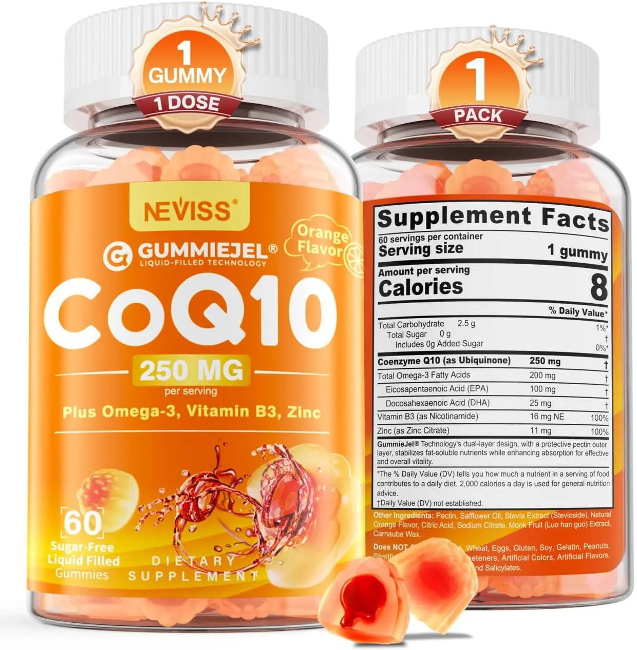 CoQ10-250mg Filled Gummies Plus Omega-3, 5X Better Absorption, 60Cts | Coenzyme Q10 Supplement for Hear-t, Cellular Energy & Antioxidant Support, 250mg CoQ10 per Gummy with Zinc & B3, Zero Sugar