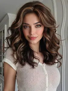 Topshe 18-Inch Synthetic Lace Front Wig, Blonde Highlights, Breathable Comfort, Shoulder-Length, Ideal for Commute/dates, Easy to Wear, Synthetic Wavy Wig, Synthetic Fiber Wig