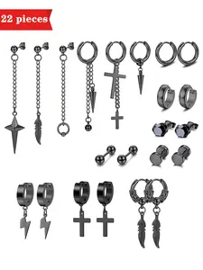 Men's Street Style Stainless Steel Earrings Set, Fashion Cross & Feather Design Statement Earrings, Trendy All-match & Exquisite Jewelry for Birthday Gift