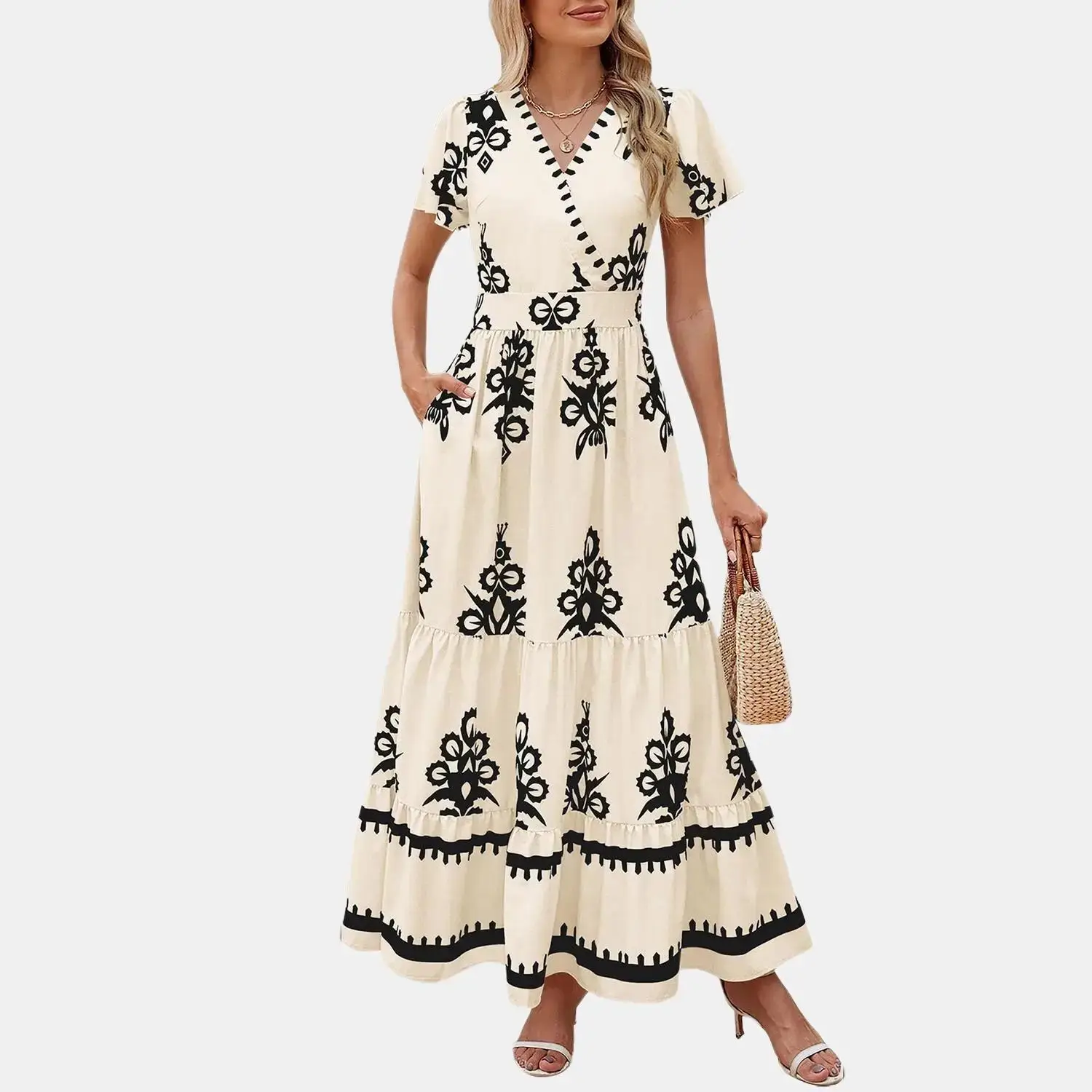 PrettyGarden Women's Summer Casual V Neck Boho Maxi Dress Flowy Aline Bell Sleeve Tiered Floral Dresses with Pocket Comfort Bohemian Womenswear V-Neck