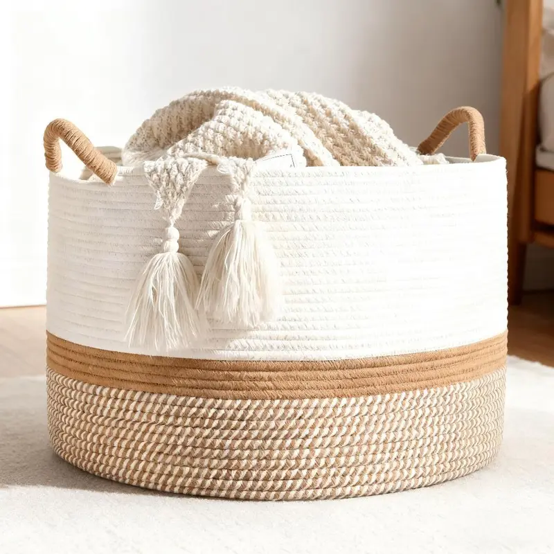 Chemical-Free Handmade Cotton Rope Storage Basket - 22in x13in Round Foldable Extra Large Collapsible Woven Laundry Organiser with Handles, Home Supplies Basket Storage Solutions for Clothes, Living Room Blankets
