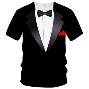 Unisex 3D Tuxedo Print T-Shirt with Bow Tie & Red Pocket Square, Formal Casual Tee for Weddings, Parties, Adult Men Women