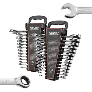 fathersdaygift VEVOR Combination Wrench Set, 26-Piece SAE and Metric, 72 Teeth, Cr-V Steel Ratcheting Wrench Set, with Rack Organizer, Open End, Clear Size Labels, for General Household, Automotive Repairs, Silver