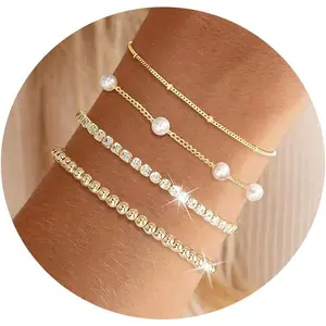 Pearl Bracelets for Women Tennis Bracelet Dainty 14K Gold/Silver Plated Beaded Bracelets for Women Cubic Zirconia Bracelet Stack Pearl Jewelry Set
