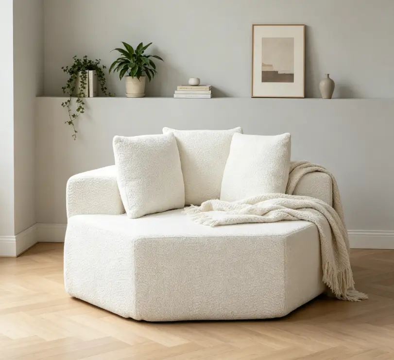 54-in Modern Hexagon Seat Lounge Chair - Modular Indoor Sofa Furniture with Looped Chenille Upholstery, Foam, Coil Spring Filling, Non-Slip Bottom, Unpack & Fluff Pillows, Versatile Arrangement for Lounges, Small Apartments, Lounge Chairs, Single
