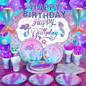 Ctosree 220 Pcs Mermaid Birthday Decorations Mermaid Party Supplies Kit Include Balloons Backdrop Banners Cake Toppers Hanging Swirls Tablecloth Dinnerware Set Napkin Fork Cup, Serves 24
