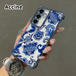 Phone Case Compatible with Samsung Galaxy S26 Ultra S24 Plus S25 S22+ FE Edge Indigo Botanical Damask Four Corners Air Cushion Pattern Anti-drop Cell Electroplated Transparent Silicone Cover