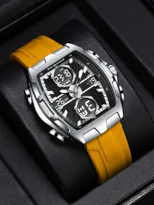 Men's Barrel Watch Face Silicone Band Electronic Sport Timer Function, Casual Quartz Wristwatch with Alarm & Timekeeping