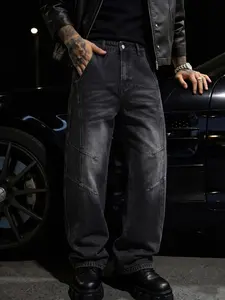 Men's Loose-Fit Wide-Leg Jeans, Vintage Washed Denim Jeans, Casual Button Fly, Natural Waist, Plain Pattern, All Seasons