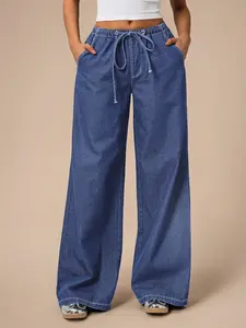 Women's Loose Fit Basic Drawstring Waist Adjustable Denim Wide Leg Pants, Casual Graphic Design, All Season Wear, Comfortable and Stylish Jeans