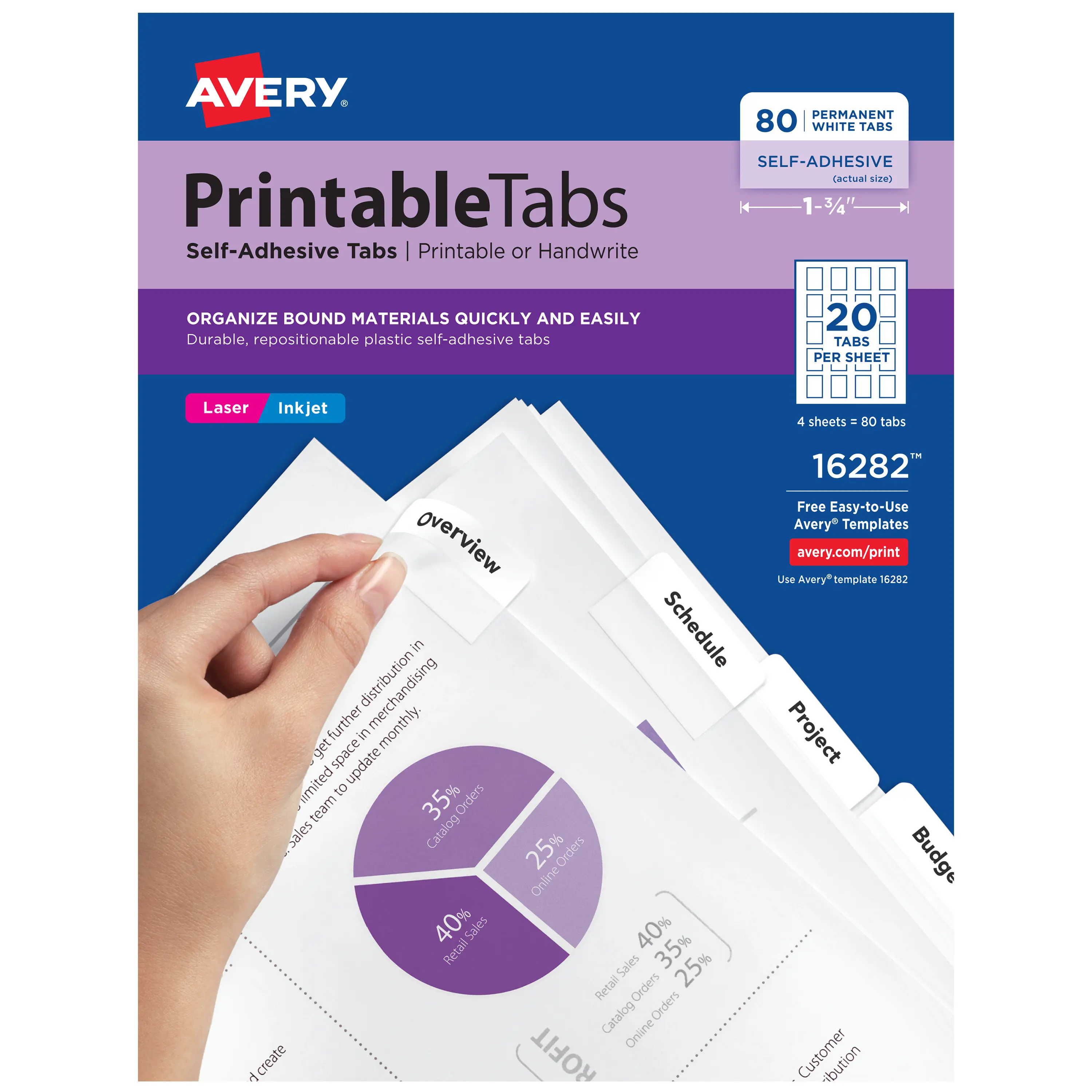 Avery® Printable Self-Adhesive Plastic Binder Divider Tabs, 1-3/4 inch, Repositionable Adhesive, White, Inkjet/Laser Compatible, Organize Bound Materials, Pack of 80 (16282), Binder Dividers, Self-Adhesive Tabs