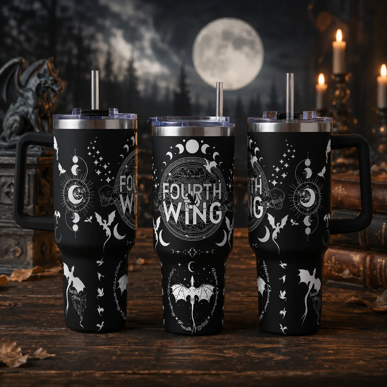 40oz Fourth Wing Printed Stainless Steel Vacuum Flask - Basgiath War College Dragon Fantasy Insulated Tumbler Mug with Handle, Leak-Proof, Explosion-Proof, Heat-Resistant, Modern Large Size Casual Drinkware, Gift for Adult Book Lovers, 1000-2000ml