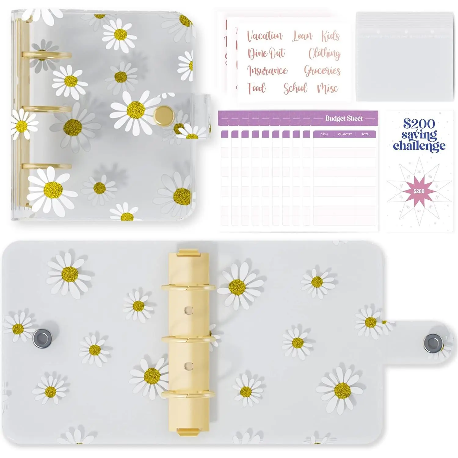 Mini Binder With  Envelopes - Cute Daisy Yellow A8 Wallet,  Organizer, 3 Ring Clear Budgeting Planner for  Savings