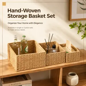 1-piece/3-piece woven storage basket set, natural woven organizing box, suitable for shelves, cabinets and home storage.