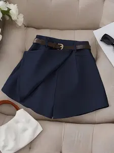 French Style Commuter All-Season Women's Shorts, Loose-Fitting Summer Fashion, Solid Color Faux Pouch Design, Belted Short Pants