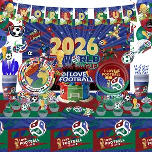 World Cup Football Theme Party Supplies Set, Paper Plates, Napkins, Tablecloth, Banner, Decorations, Balloons, Perfect for Celebrations